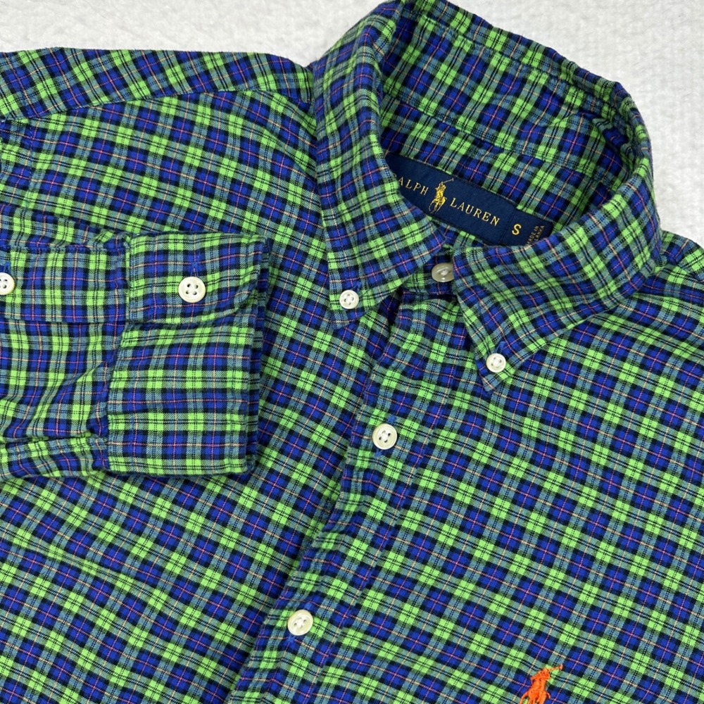 Ralph Lauren Button Down Shirt Mens Small Green Blue Plaid Long Sleeve Cotton